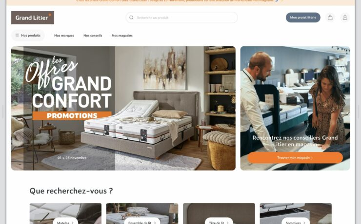 Le site “grandliter.com”, initialement orienté e-commerce, propose désormais une approche plus servicielle et largement optimisée pour générer du trafic en point de vente. Pièce maîtresse de cette démarche : la rubrique “Mon projet literie en 5 étapes”, qui personnalise le parcours de l’internaute.