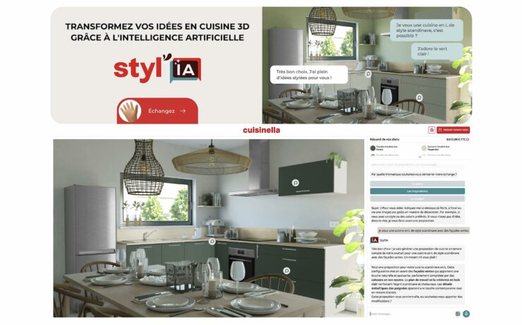 La solution “Styl’IA” de Cuisinella est issue d’une collaboration avec Hapticmedia, spécialiste des expériences digitales innovantes et de la visualisation 3D haute-fidélité. Cette start-up française collabore avec Cuisinella pour la réalisation de ses configurateurs 3D depuis 2016. Plusieurs mois de recherche et de développement auront été nécessaires pour lancer ce premier configurateur 3D assisté par l’intelligence artificielle.